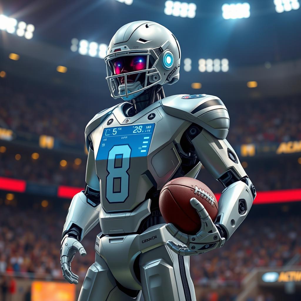 A futuristic humanoid robot designed to resemble the famous football player Lamar Jackson, displaying sleek metallic features and athletic build