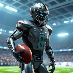 A futuristic humanoid robot designed to resemble the famous football player Lamar Jackson, displaying sleek metallic features and athletic build