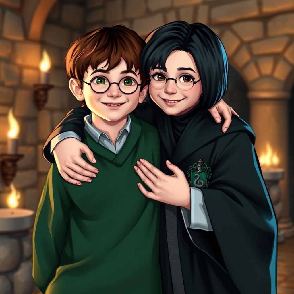 A heartwarming scene of two young boys, Harry Potter and Severus Snape, sharing a warm embrace as friends