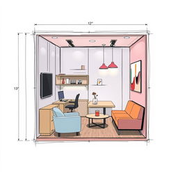 A detailed sketch of an interior booth design measuring 2 x 3 meters, accommodating around 5 employees comfortably