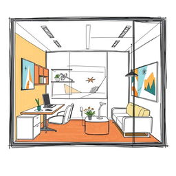 A detailed sketch of an interior booth design measuring 2 x 3 meters, accommodating around 5 employees comfortably