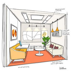 A detailed sketch of an interior booth design measuring 2 x 3 meters, accommodating around 5 employees comfortably