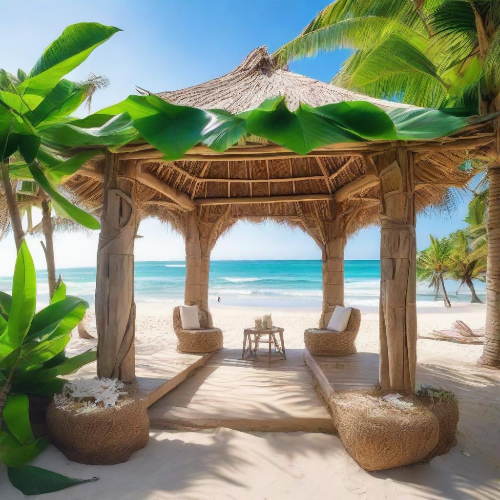 An exotic architectural structure masterfully constructed from driftwood and adorned with lush banana leaves, set against the backdrop of a pristine beach and the sparkling ocean.