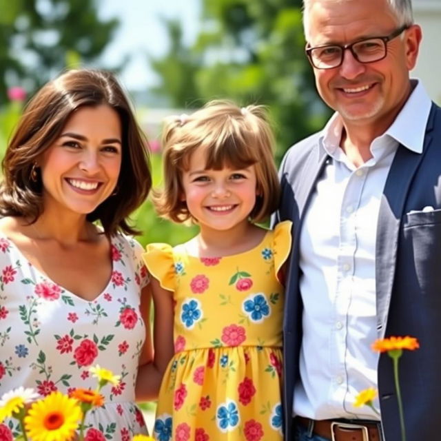 A charming family portrait featuring a girl with short brown hair, happily standing between her loving parents