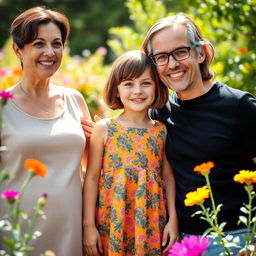A charming family portrait featuring a girl with short brown hair, happily standing between her loving parents
