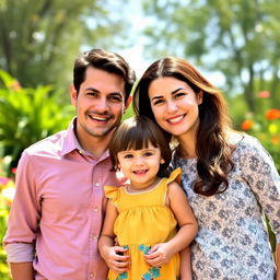 A charming family portrait featuring a girl with short brown hair, happily standing between her loving parents