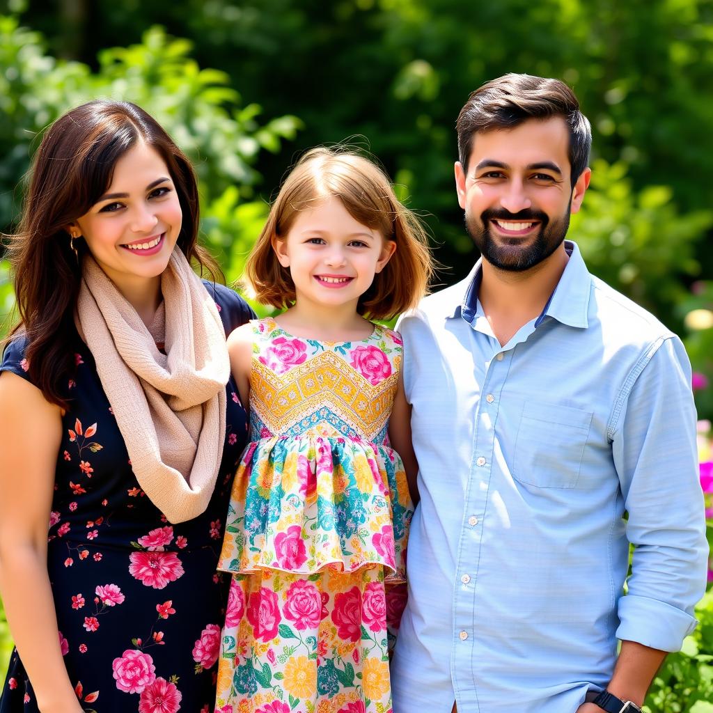 A charming family portrait featuring a girl with short brown hair, happily standing between her loving parents