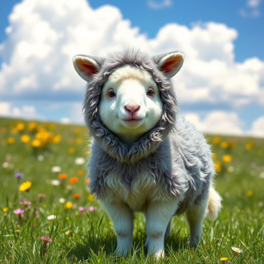 A cute sheep dressed in a playful wolf costume, standing in a picturesque green meadow