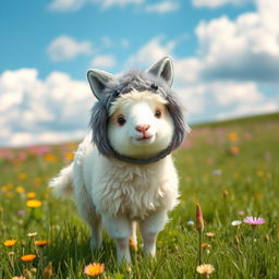 A cute sheep dressed in a playful wolf costume, standing in a picturesque green meadow