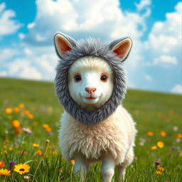 A cute sheep dressed in a playful wolf costume, standing in a picturesque green meadow