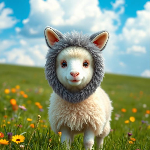 A cute sheep dressed in a playful wolf costume, standing in a picturesque green meadow