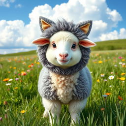 A cute sheep dressed in a playful wolf costume, standing in a picturesque green meadow