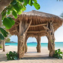 An exotic architectural structure masterfully constructed from driftwood and adorned with lush banana leaves, set against the backdrop of a pristine beach and the sparkling ocean.