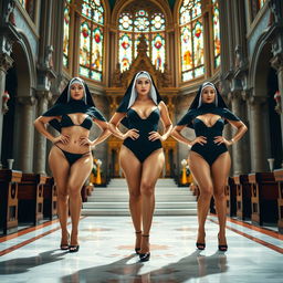 Three tall and curvy Orthodox nuns confidently modeling stunning one-piece thong bikinis while wearing traditional headcoverings and high heels, using the altar of a grand cathedral as their runway