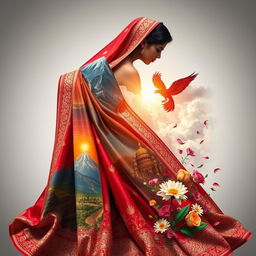 A visually striking representation of a woman's journey and struggles, showcasing the transformation of a beautiful wedding sari into symbolic elements that depict challenges, resilience, and empowerment