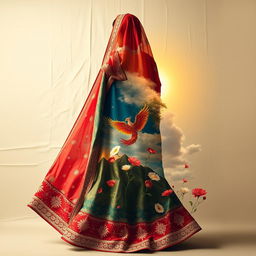 A visually striking representation of a woman's journey and struggles, showcasing the transformation of a beautiful wedding sari into symbolic elements that depict challenges, resilience, and empowerment
