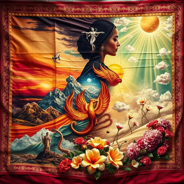 A visually striking representation of a woman's journey and struggles, showcasing the transformation of a beautiful wedding sari into symbolic elements that depict challenges, resilience, and empowerment