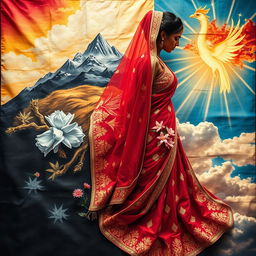 A visually striking representation of a woman's journey and struggles, showcasing the transformation of a beautiful wedding sari into symbolic elements that depict challenges, resilience, and empowerment
