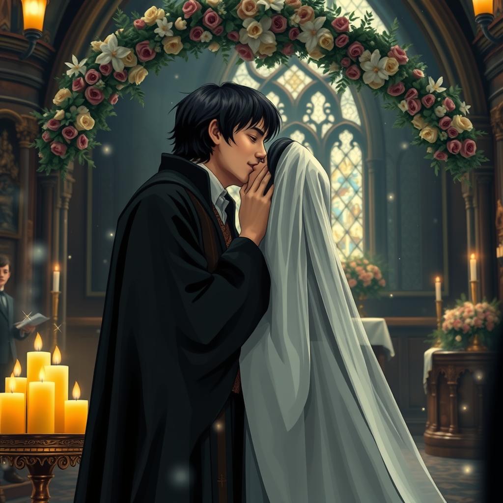 A romantic scene depicting Harry Potter and Severus Snape getting married, sharing a tender kiss at their wedding