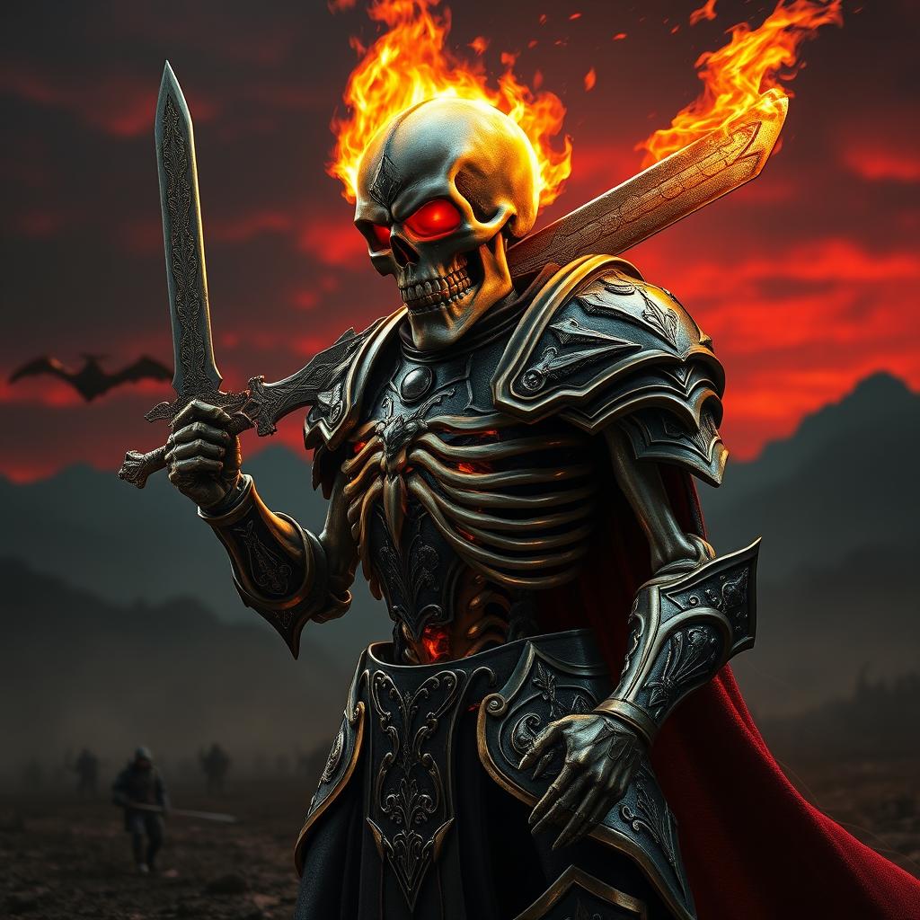 A flaming skull skeleton paladin standing heroically, holding a short sword with intricate designs on the blade