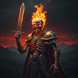 A flaming skull skeleton paladin standing heroically, holding a short sword with intricate designs on the blade
