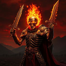 A flaming skull skeleton paladin standing heroically, holding a short sword with intricate designs on the blade