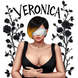 A beautiful Thai woman with short black hair transitioning to yellow ombre, her eyes covered with a white cloth, wearing a black dress and showcasing a full chest, lying on her back while embracing herself, surrounded by thorny black rose branches