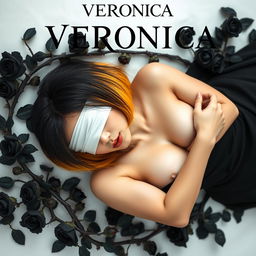 A beautiful Thai woman with short black hair transitioning to yellow ombre, her eyes covered with a white cloth, wearing a black dress and showcasing a full chest, lying on her back while embracing herself, surrounded by thorny black rose branches