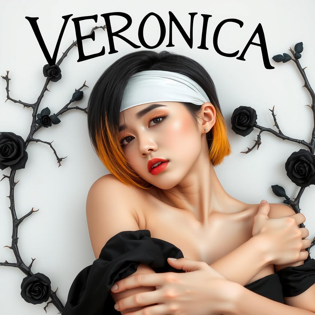 A beautiful Thai woman with short black hair transitioning to yellow ombre, her eyes covered with a white cloth, wearing a black dress and showcasing a full chest, lying on her back while embracing herself, surrounded by thorny black rose branches