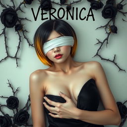 A beautiful Thai woman with short black hair transitioning to yellow ombre, her eyes covered with a white cloth, wearing a black dress and showcasing a full chest, lying on her back while embracing herself, surrounded by thorny black rose branches
