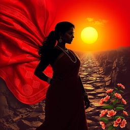 A vibrant portrait page featuring a flowing red sari adorned with intricate traditional patterns as the background, gradually transforming into a rugged path or broken chains, symbolizing struggle and liberation