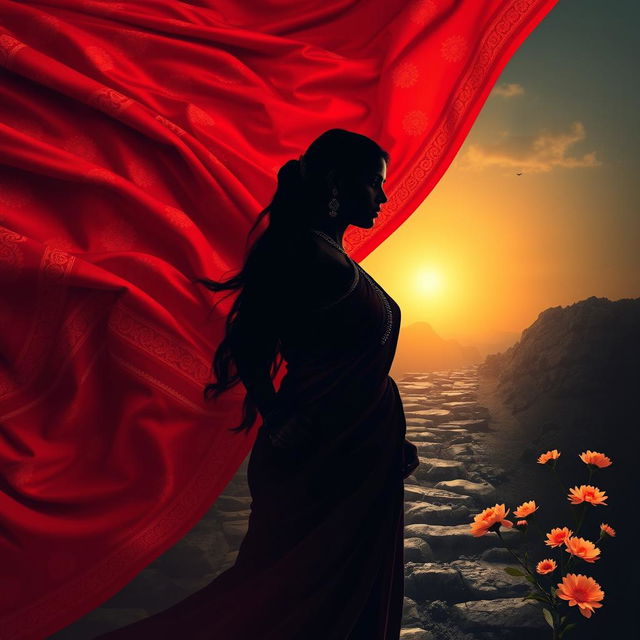 A vibrant portrait page featuring a flowing red sari adorned with intricate traditional patterns as the background, gradually transforming into a rugged path or broken chains, symbolizing struggle and liberation