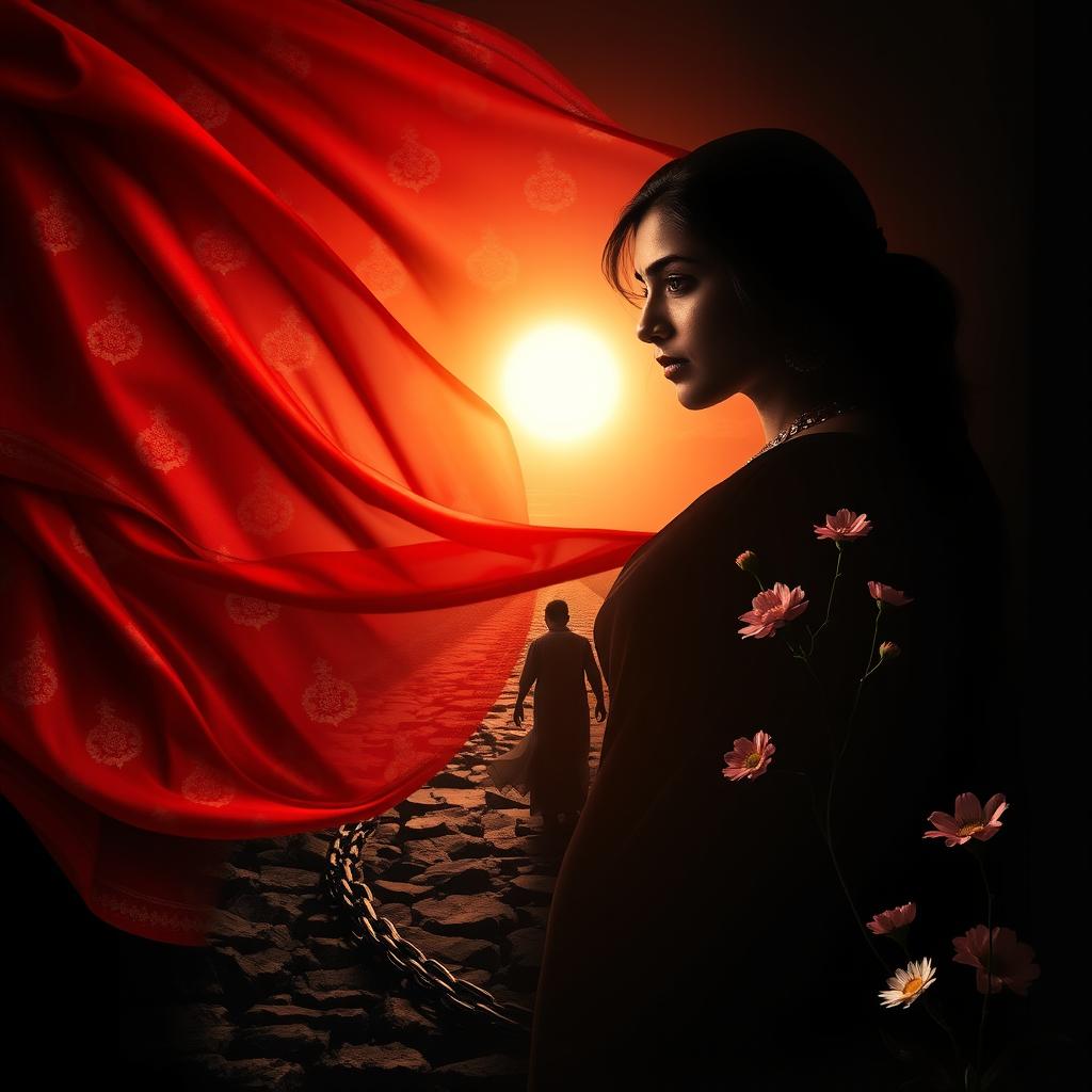 A vibrant portrait page featuring a flowing red sari adorned with intricate traditional patterns as the background, gradually transforming into a rugged path or broken chains, symbolizing struggle and liberation