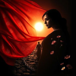 A vibrant portrait page featuring a flowing red sari adorned with intricate traditional patterns as the background, gradually transforming into a rugged path or broken chains, symbolizing struggle and liberation