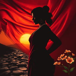 A vibrant portrait page featuring a flowing red sari adorned with intricate traditional patterns as the background, gradually transforming into a rugged path or broken chains, symbolizing struggle and liberation
