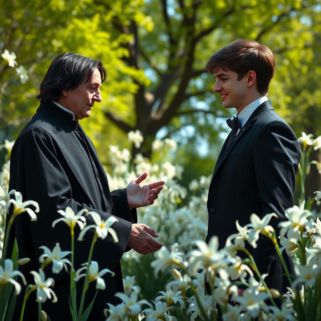 Severus Snape y Harry Potter en una ceremonia de boda mágica en un hermoso jardín lleno de lirios blancos