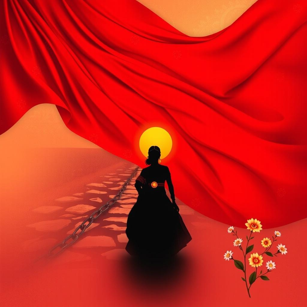 A portrait page depicting a vibrant red sari with traditional patterns flowing elegantly in the background