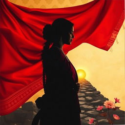 A portrait page depicting a vibrant red sari with traditional patterns flowing elegantly in the background