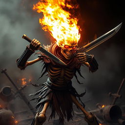 A flaming skull skeleton fighter in an action pose, wielding a short sword with a fierce grip