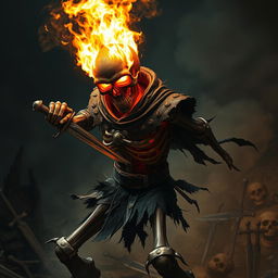 A flaming skull skeleton fighter in an action pose, wielding a short sword with a fierce grip