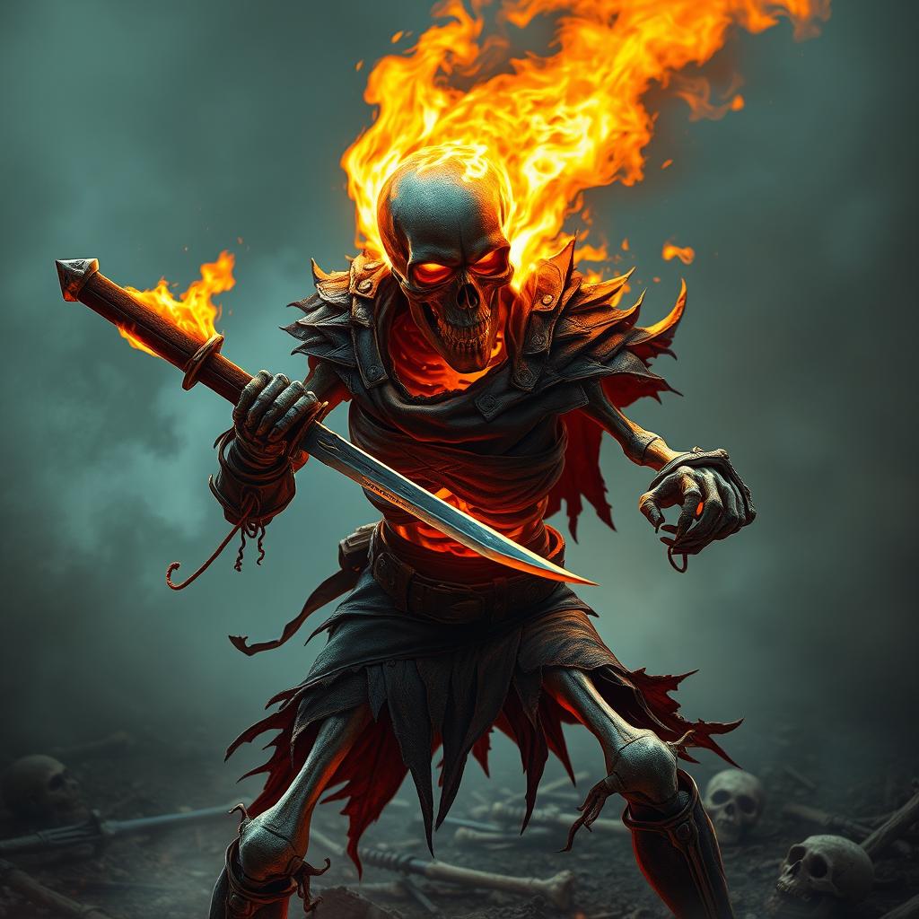 A flaming skull skeleton fighter in an action pose, wielding a short sword with a fierce grip