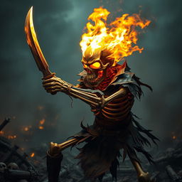 A flaming skull skeleton fighter in an action pose, wielding a short sword with a fierce grip