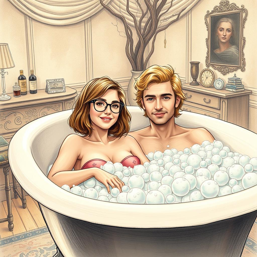A 29-year-old woman with shoulder-length light brown hair and round glasses is lounging contently in a large vintage bathtub filled with bubbles