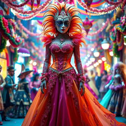 A stunning European carnival costume design featuring an intricate mix of vibrant colors and luxurious fabrics