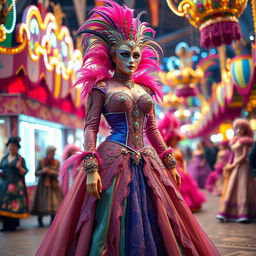 A stunning European carnival costume design featuring an intricate mix of vibrant colors and luxurious fabrics