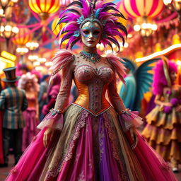 A stunning European carnival costume design featuring an intricate mix of vibrant colors and luxurious fabrics