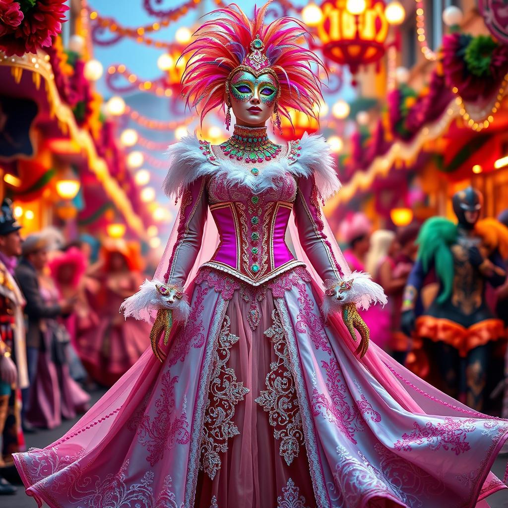 A stunning European carnival costume design featuring an intricate mix of vibrant colors and luxurious fabrics