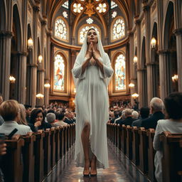 A tall Orthodox woman gracefully taking communion in a grand, packed cathedral