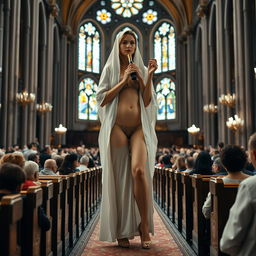 A tall Orthodox woman gracefully taking communion in a grand, packed cathedral