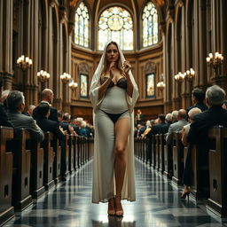A tall Orthodox woman gracefully taking communion in a grand, packed cathedral